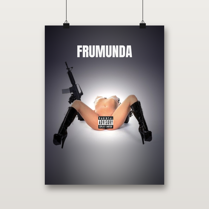 FRUMUNDA original cover poster with Parental Advisory sticker, hanging on a wall