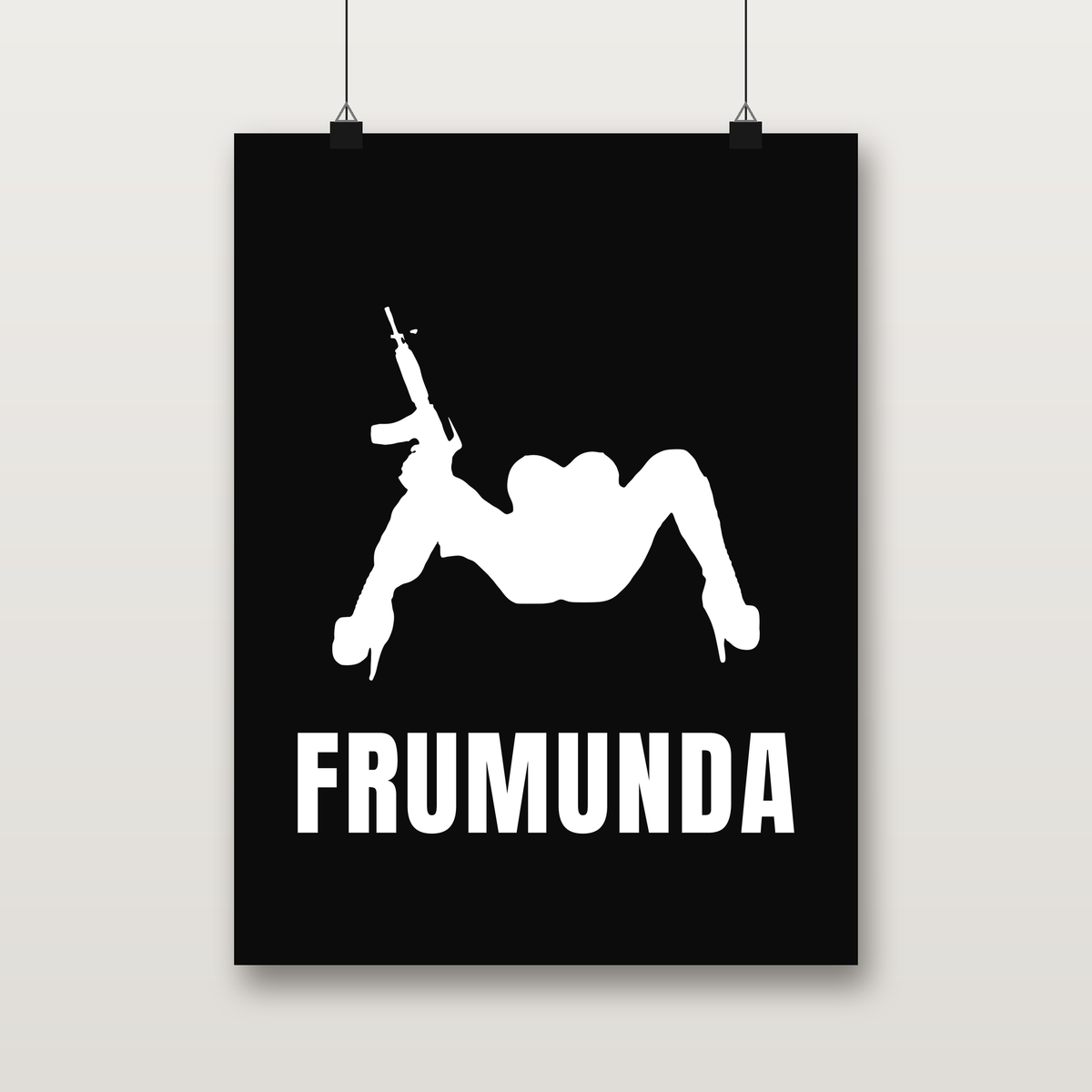 FRUMUNDA black poster with white silhouette and wordmark, hanging on a wall