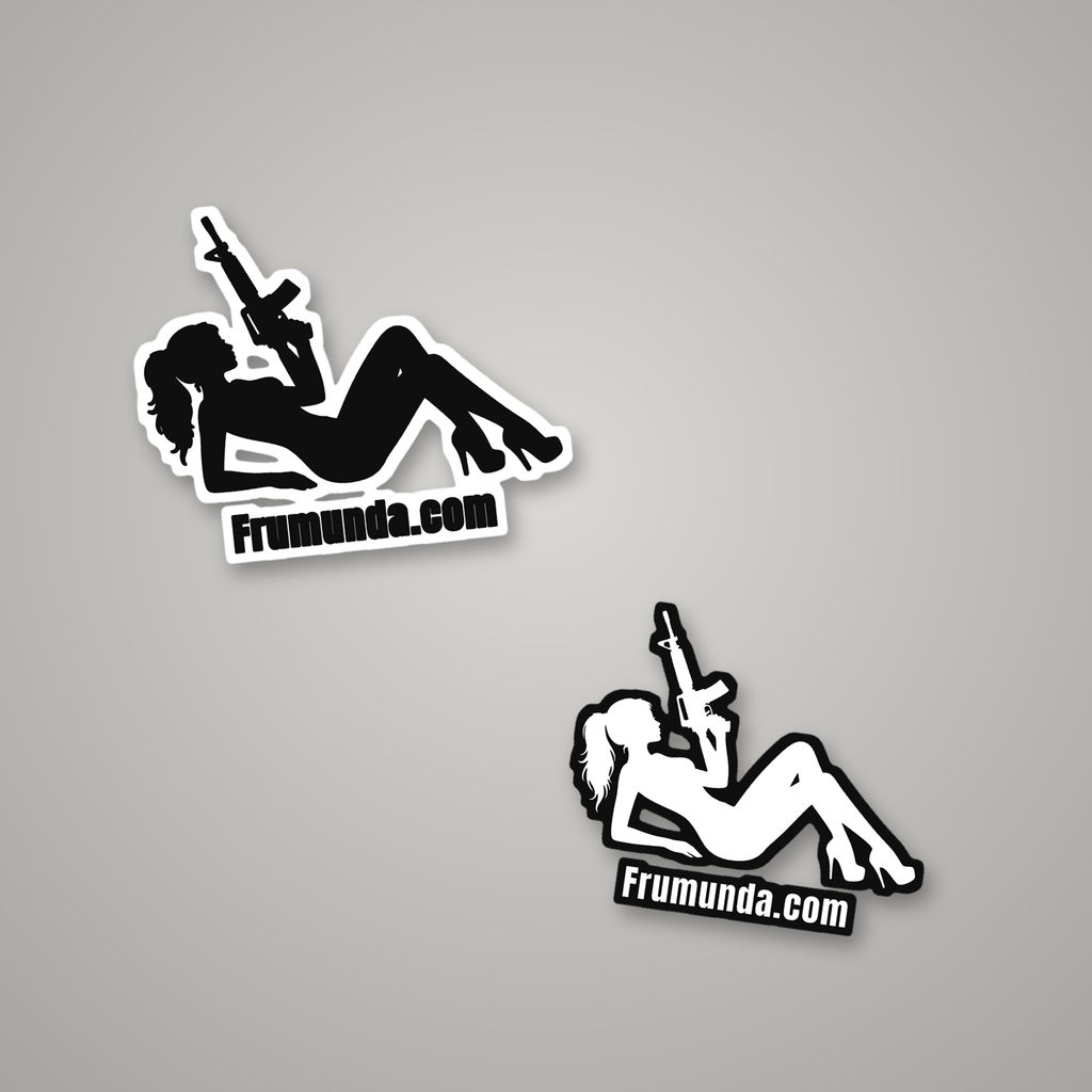 FRUMUNDA reclined-girl kiss-cut stickers with Frumunda.com, black and white versions